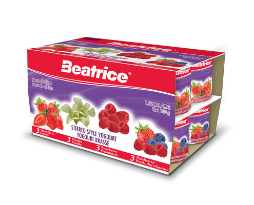 Yogourt fraises, vanille, framboises, fruits des champs emballage multiple 12x100 g